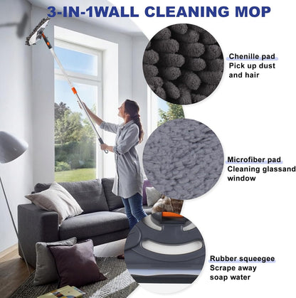 Wall Cleaner Mop with 79 Inches Long Handle, 360° Wall Washer Cleaner Tool for Walls/Ceiling Fans/Dust/Baseboard/Floors Clean, Ceiling Cleaner Tool Duster with Squeegee 6 Replacement Pads