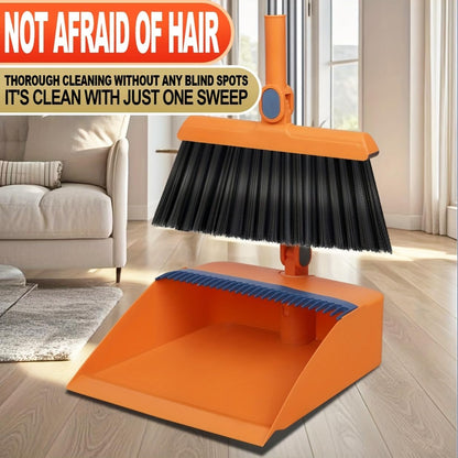 2-in-1 Broom with Dustpan Combo Set,Long Handle Broom Dustpan Combo with Dustpan Teeth to Automatically Clean Hair for Home, Indoor or Outdoor Cleaning Hall Floor (Gray)