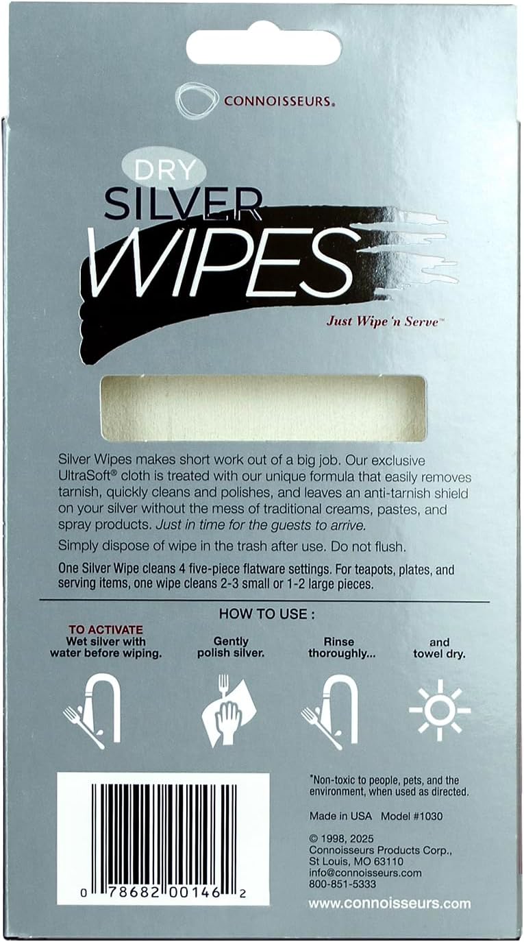 Connoisseurs Silver Cleaner Wipes for Sterling Silver Jewelry and Tableware - 10 Pack - Dry and Disposable - Remove and Prevent Tarnish