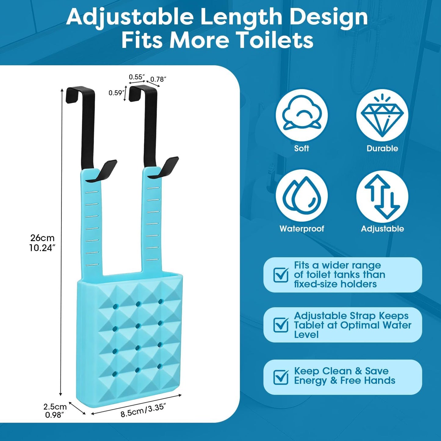 Adjustable Toilet Tank Cleaning Tablet Holder-Hanging Silicone Basket Carrier with Rustproof Hooks for Bowl Cleaner & Bleach Tablet Organizer, Accessory Fit Up to 7" Water Level