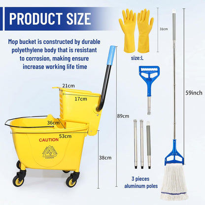 35QT Side-Press Mop Bucket and Wringer Combo on Wheels, Yellow,Including One Heavy Duty Industrial Mop and One Set Large Rubber Cleaning Gloves
