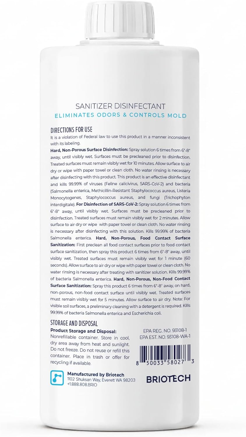 BRIOTECH Sanitizer Disinfectant Hypochlorous, Kill 99.99% of Viruses & Bacteria, Control Mold, Eliminate Odor, Gentle for Nursery & Play Rooms, Food Contact Surface Sanitizer, 1 Gallon Refill
