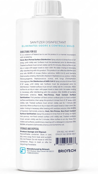BRIOTECH Sanitizer Disinfectant Hypochlorous, Kill 99.99% of Viruses & Bacteria, Control Mold, Eliminate Odor, Gentle for Nursery & Play Rooms, Food Contact Surface Sanitizer, 1 Gallon Refill