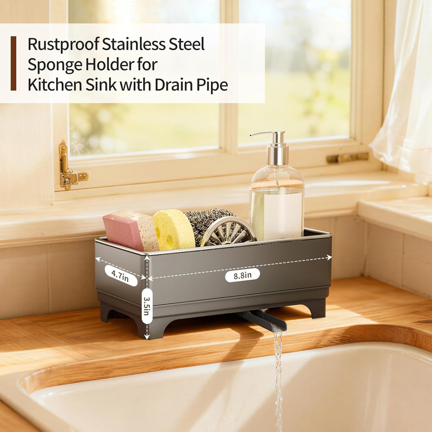 MOUKABAL Sponge Holder for Kitchen Sink – Rustproof Stainless Steel, 360° Rotating Drain Pipe, Large Counter Organizer with Drip Tray for Sponges, Brushes & Dish Cloths Black