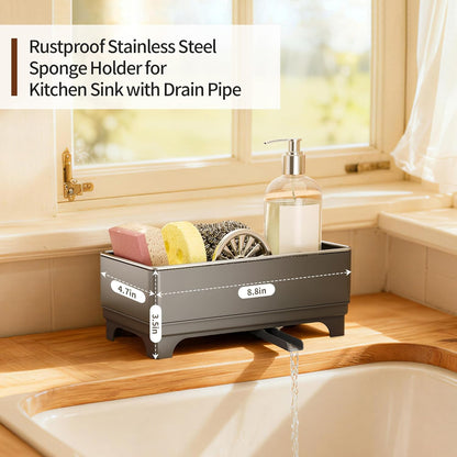 MOUKABAL Sponge Holder for Kitchen Sink – Rustproof Stainless Steel, 360° Rotating Drain Pipe, Large Counter Organizer with Drip Tray for Sponges, Brushes & Dish Cloths Black