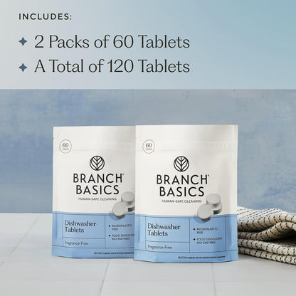 Branch Basics Dishwasher Tablets – 60 Ct | Plastic-Free, Fragrance-Free, Human-Safe | Delivers a Powerful Clean Without Harsh Chemicals