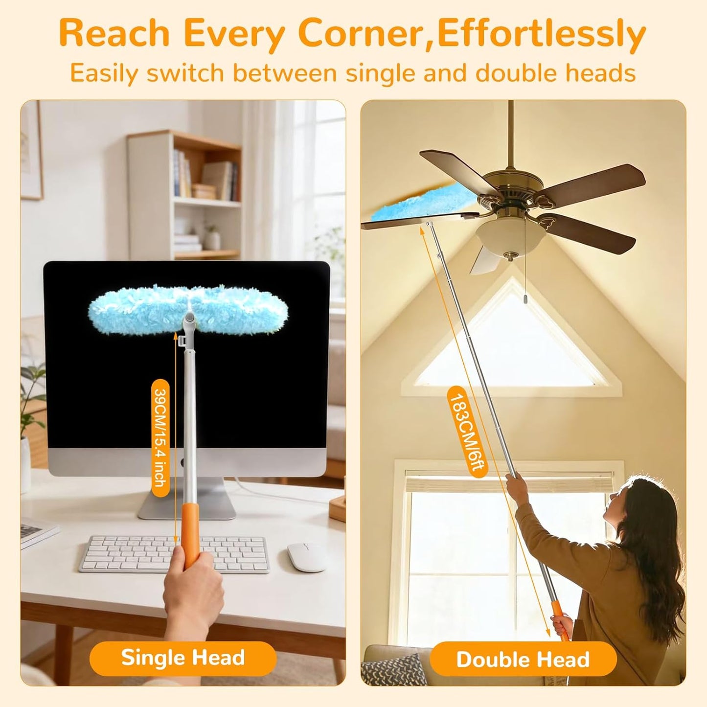 6 ft Heavy Duty Extendable Duster Handle with 50 Refills for Swiffer Duster, 360° Multi-Surface Dusters with 4X Cleaning Power for Home, Ceiling Fans, Windows, Dusting Hard-to-Reach Areas (Orange)