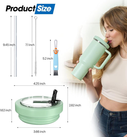 40 Oz Tumbler Flip Straw Lid Compatible with Stanley Quencher Cup, Anti Spill Replacement Cup Covers, Durable Silicone Leak Proof Lids with Cleaning Brush Set for Travel Storage