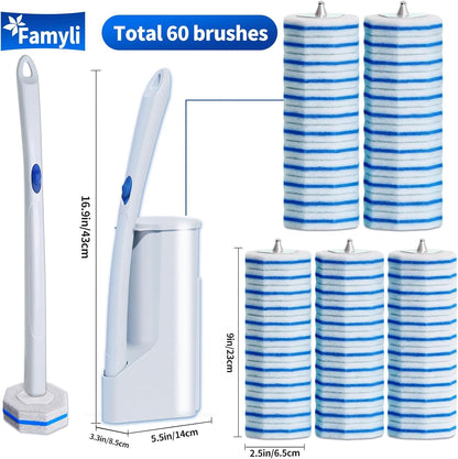 Disposable Toilet Brush Set with 60 Replacement Heads, Toilet Cleaning Replacement Pads, Starter Kit with Storage Case for Deep Cleaning and Hygienic Bathroom Maintenance