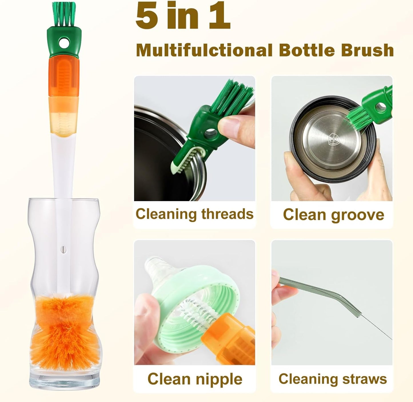 XYFuuee 5 Pack Bottle Brush Set, 5 in 1 Water Bottle Cleaning Brush, Long Handle Narrow Wine Cup Cleaner, 3 Straw Brushes for Stanley, Travel Nipple Lid Gap Detail Washer Brush