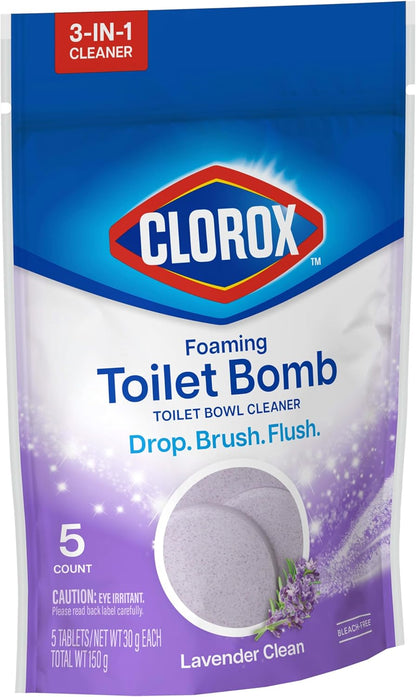 Clorox Foaming Toilet Bomb Toilet Bowl Cleaner, Bleach Free, Lavender Clean, 5 Count