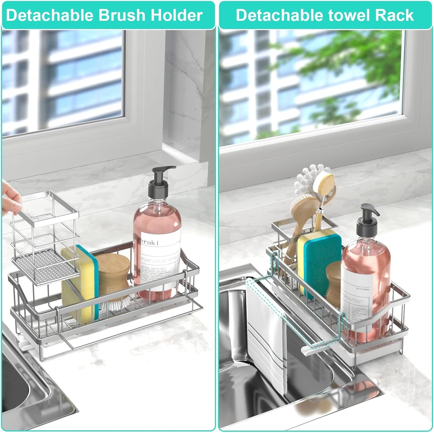 Sponge Holder for Kitchen Sink - Countertop Rustproof Stainless Steel, Sink Caddy, Kitchen Gadgets Accessories (Black)