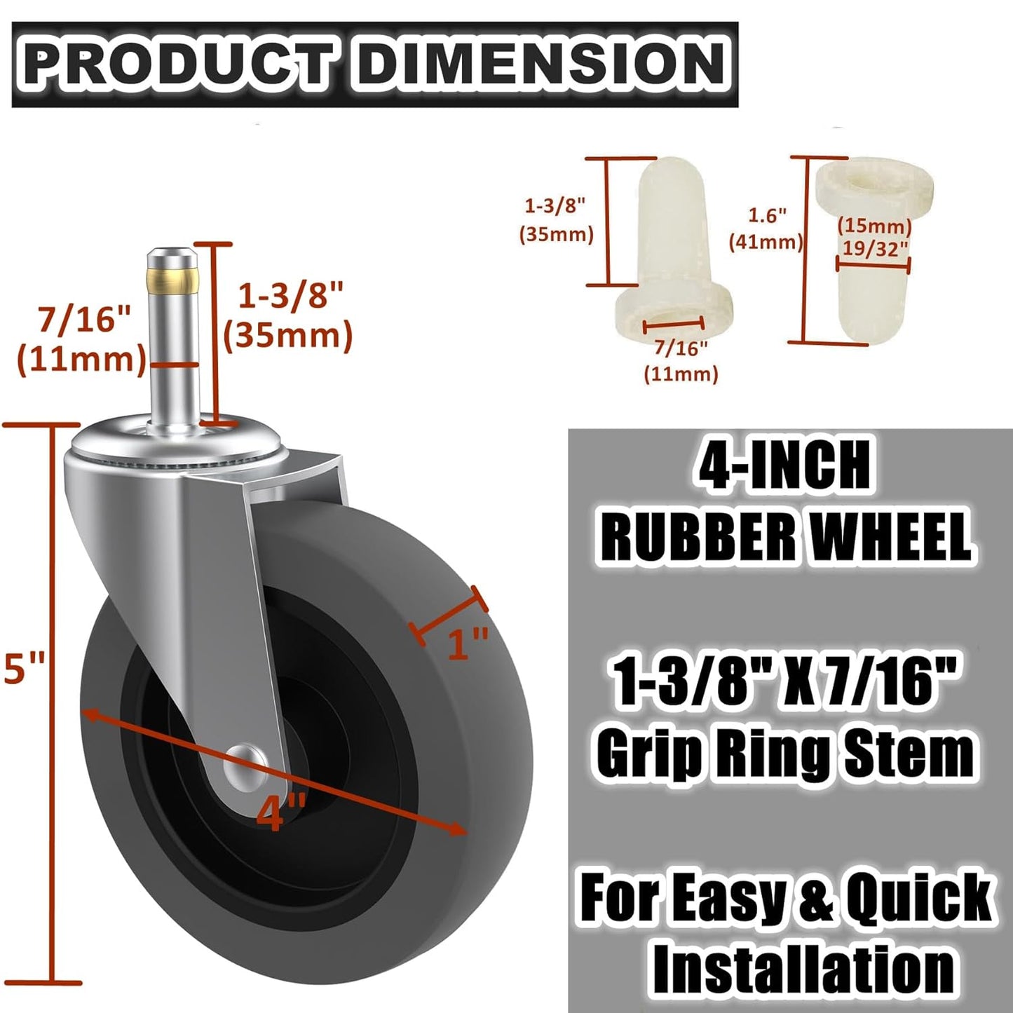 RILIDRI 3-Inch Swivel Stem Caster for Rubbermaid Mop Bucket Utility Cart, 7/16-Inch Stem Diameter Rubber Wheel Set of 4, Heavy Duty TPR Weber Grills Shop Vac Replacement Wheels