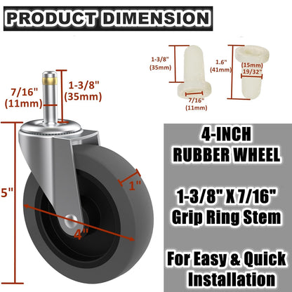 RILIDRI 3-Inch Swivel Stem Caster for Rubbermaid Mop Bucket Utility Cart, 7/16-Inch Stem Diameter Rubber Wheel Set of 4, Heavy Duty TPR Weber Grills Shop Vac Replacement Wheels