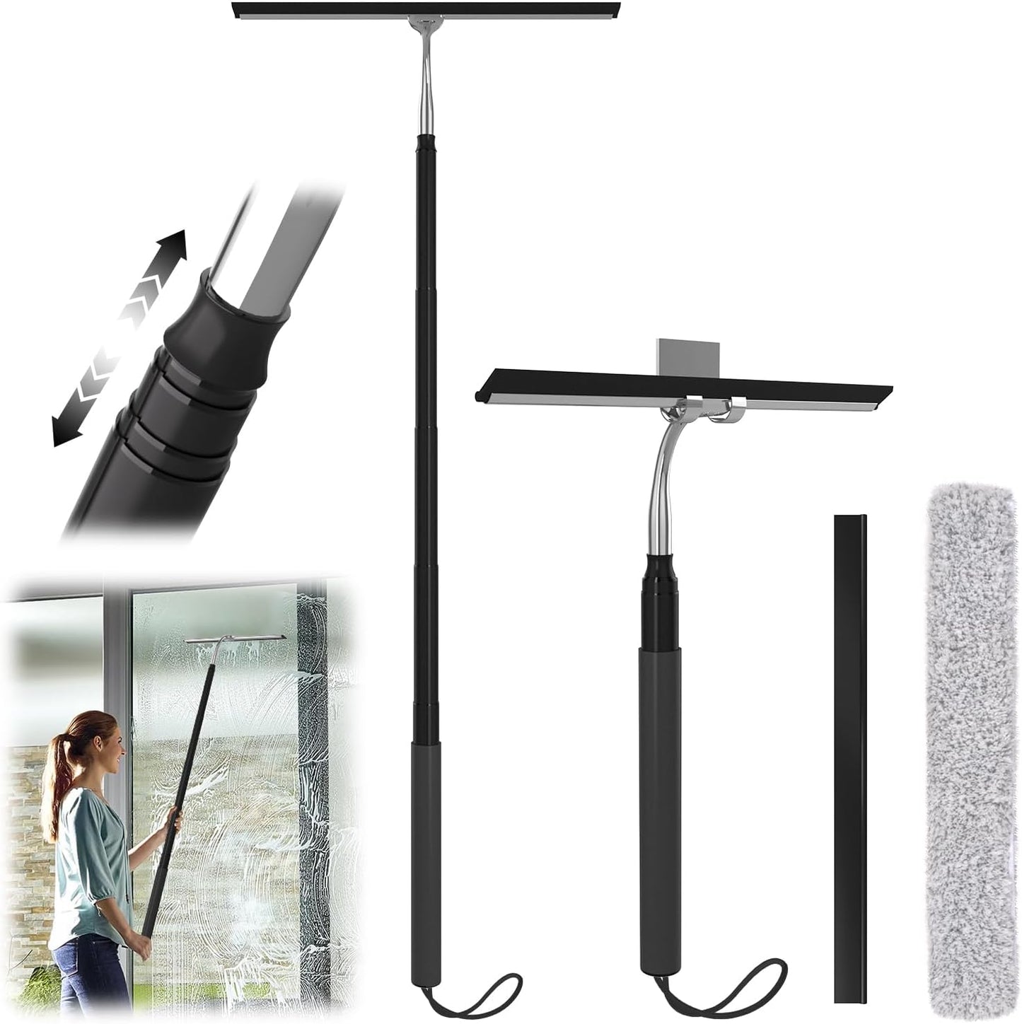 Shower Squeegee for Gass Doors, 15-51" Telescopic Squeegee for Window Cleaning, Squeegee for Shower Glass, Window Cleaner Tool with Long Handle for Tile Walls, Sliding Door, Floor, Car Windshield