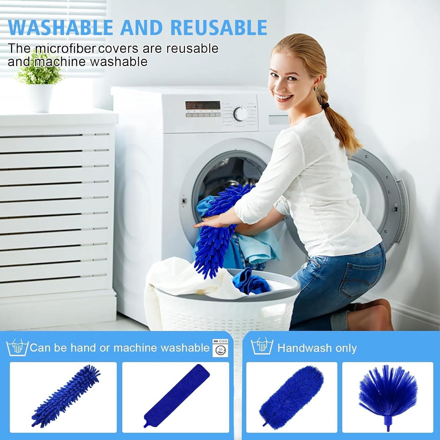 5-in-1 Kit Dusters for Cleaning, Duster with Extension Pole, Extendable Duster with 100 Inches, Microfiber Dusters, Webster Cobweb Duster for Cleaning Ceiling Fans, Furniture, Blinds - Blue