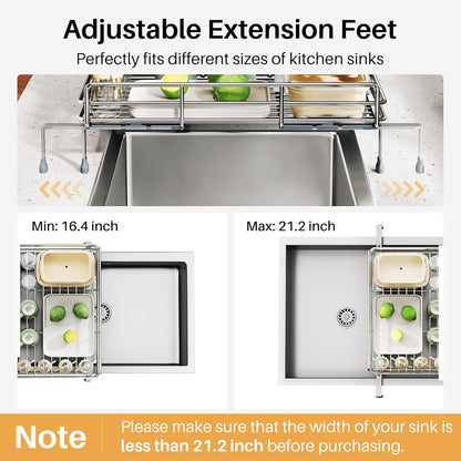 SNTD Dish Drying Rack - Extendable Dish Rack, Large Sink Drying Dish Drainer for Kitchen Counter, Stainless Steel Dish Strainer with Utensil Holder (Black)