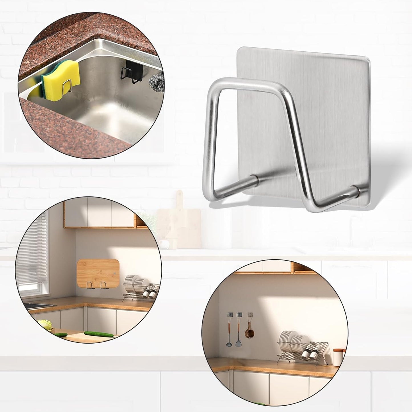 Adhesive Sponge Holder for Kitchen Sink, SUS304 Stainless Steel Scrubber Hanger Sink Caddy Accessories Storage Drain Rack Stand for Scratch Scrub Dishcloth Dishrag Steel Wool Strainer Stopper