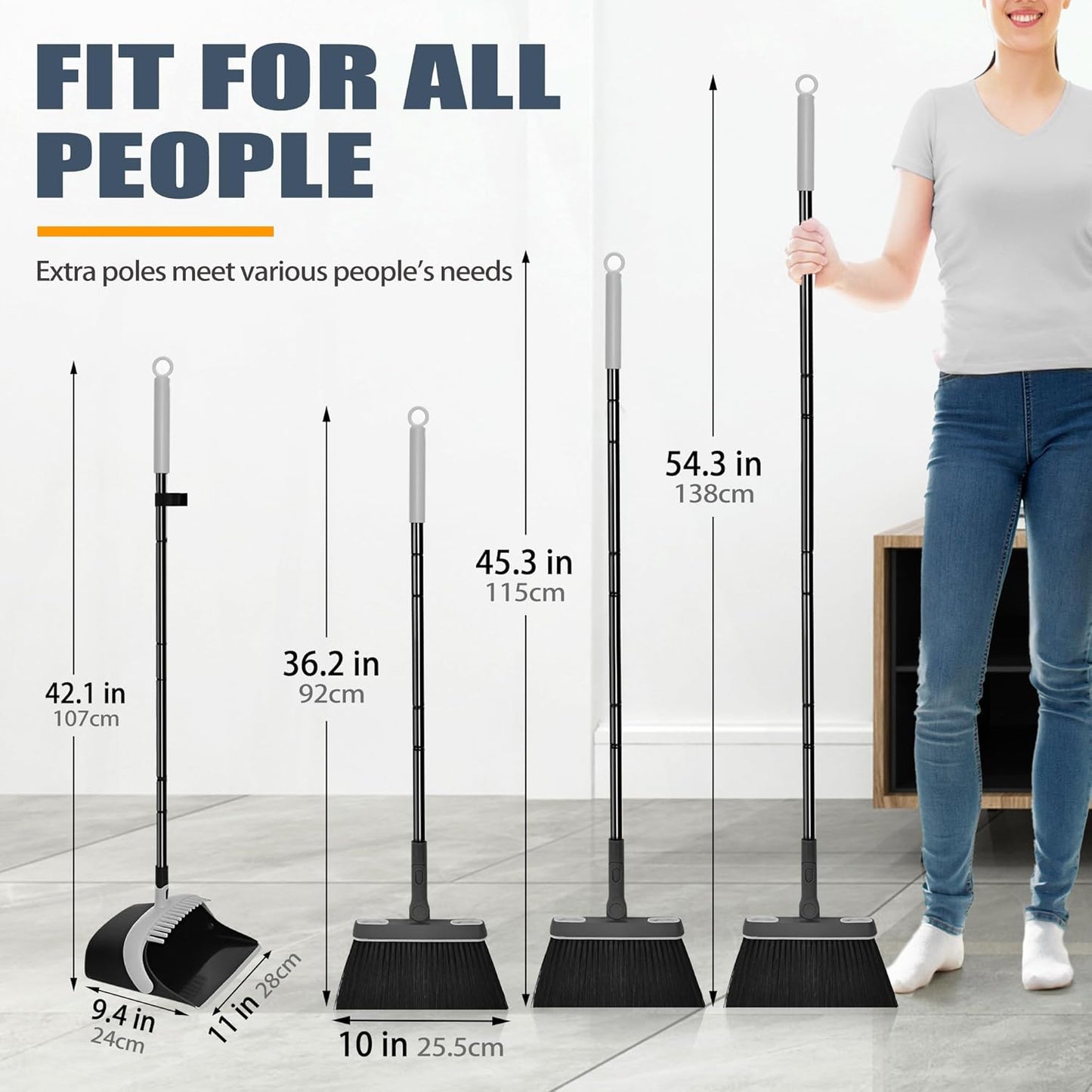 JEHONN Broom and Dust Pan, 54.3 inches Long Handle Swivel Brush, Upright Foldable Dustpan with Comb Teeth for Home Kitchen Lobby Indoor Floor Cleaning (Black & Yellow)