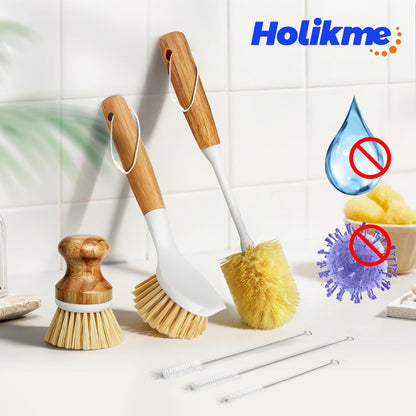 Holikme 6 Pack Dish Brush Scouring Pad Set with Bottle Brush, Dish Brush, Palm Scrub Brush and Straw Brush, Dish Scrubber Long Handle for Dish Bottle Cup Skillet Wok Pot Pan Cast Iron, Yellow