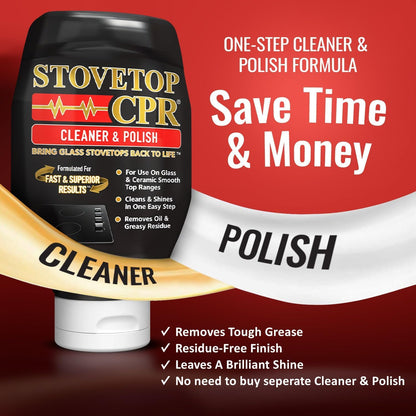 Stovetop CPR Glass Cooktop Cleaner Kit (18oz) – Ceramic Stove Cleaner, Polish, Scrubber Pads, Razor Scraper & Microfiber Towels