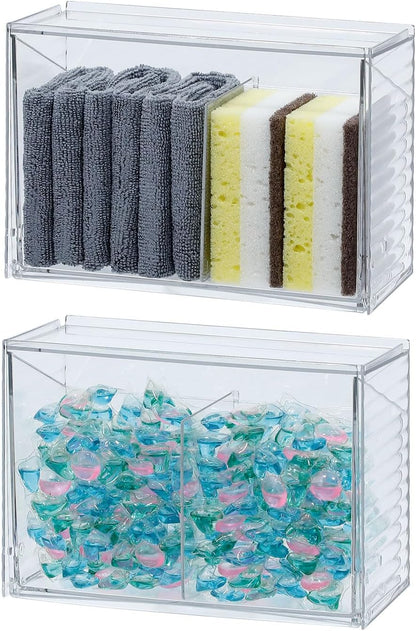 Clear Dishwasher Detergent Dispenser Holder, Large Adhesive Under Sink Door Storage and Organizer for Kitchen and Bathroom, Plastic Laundry Pods Box