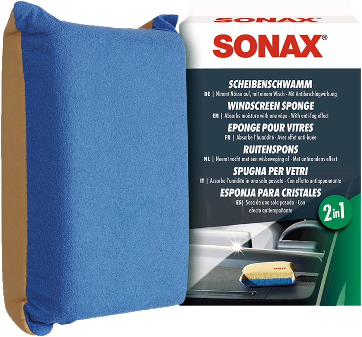 SONAX Windscreen Sponge 417100 | Dual Action Cleaning Sponge for Streak Free Glass | Easily Removes Dirt Fog and Condensation from Windshields Windows and Mirrors | Compact and Reusable