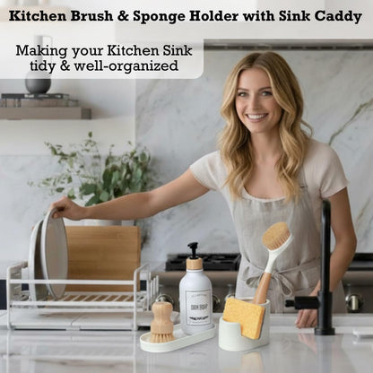 Ceramic Sponge Holder for Kitchen Sink, 2-in-1 Sponge & Brush Organizer, Compact Countertop Sink Caddy with Raised Edge to Catch Drips, Keeps Countertops Dry, Dishwasher Safe, Rustproof, White