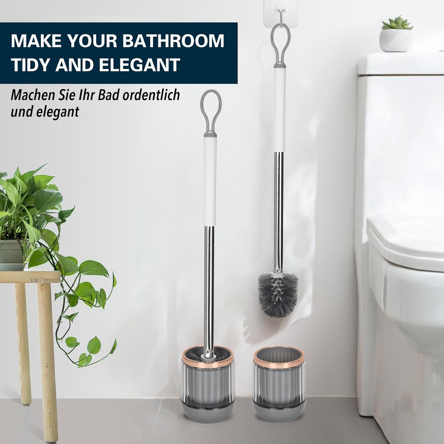 Toilet Bowl Brush and Holder 2 Pack Long Handle Toilet Brush for Bathroom with Separate Base for Floor and Wall Mounted Plastic Toilet Brush Set Under The Rim Household Cleaning (White)