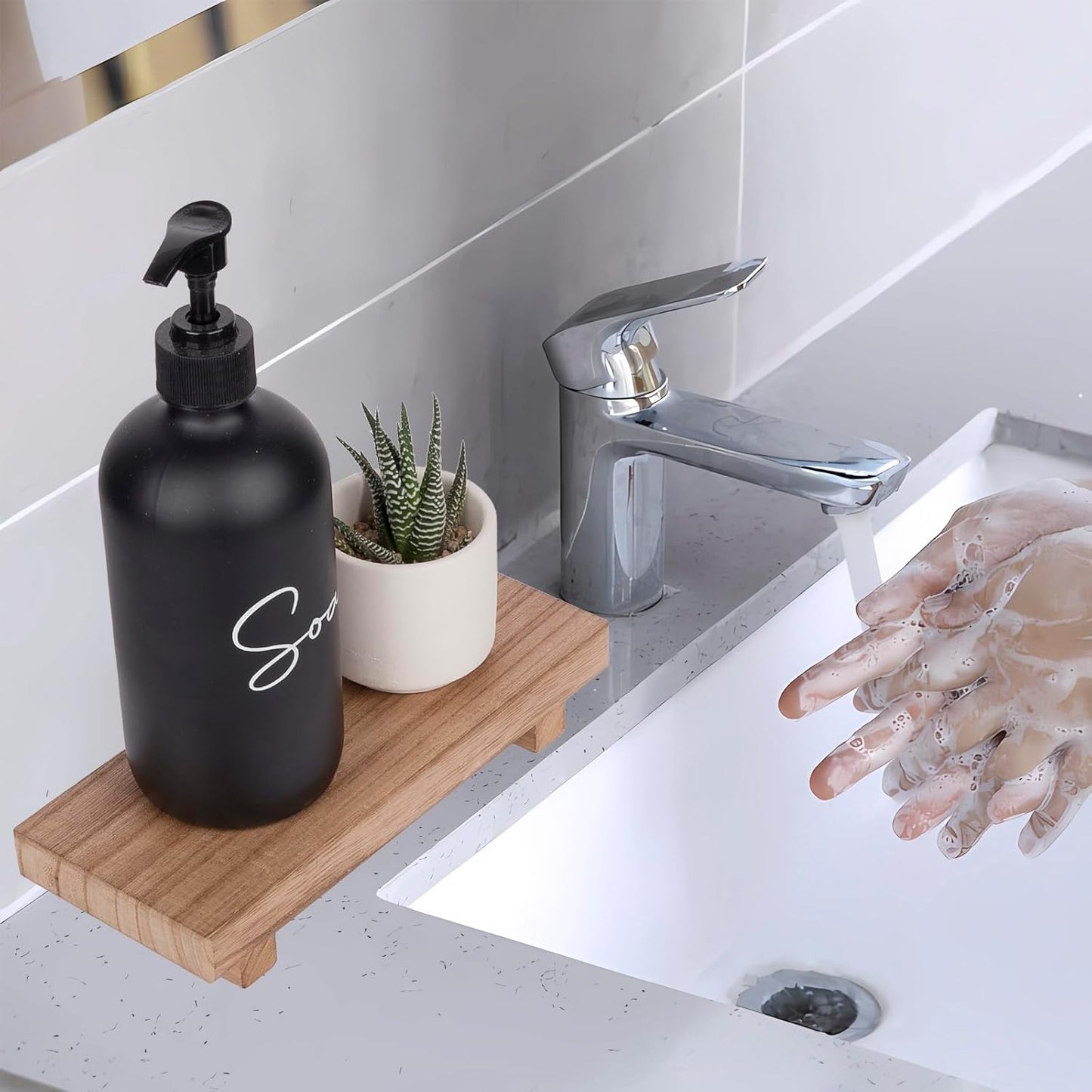zoocatia Small Wood Tray Pedestal Stand Farmhouse Bathroom Decor Decorative Wooden Riser Kitchen Soap Dish Holder for Vanity, Counter, Sink, 9" x 5.9" - Black