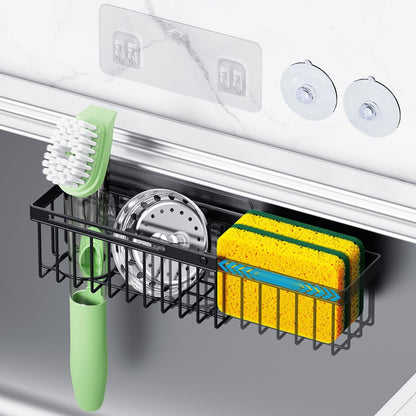 Expandable Kitchen Sink Caddy, Strong Adhesive Mount Detachable Sponge Holder for Kitchen & Bathroom Sink with Extra Suction Cups, Holds Sponges, Dish Brushes, Scrubbing Pads - Black