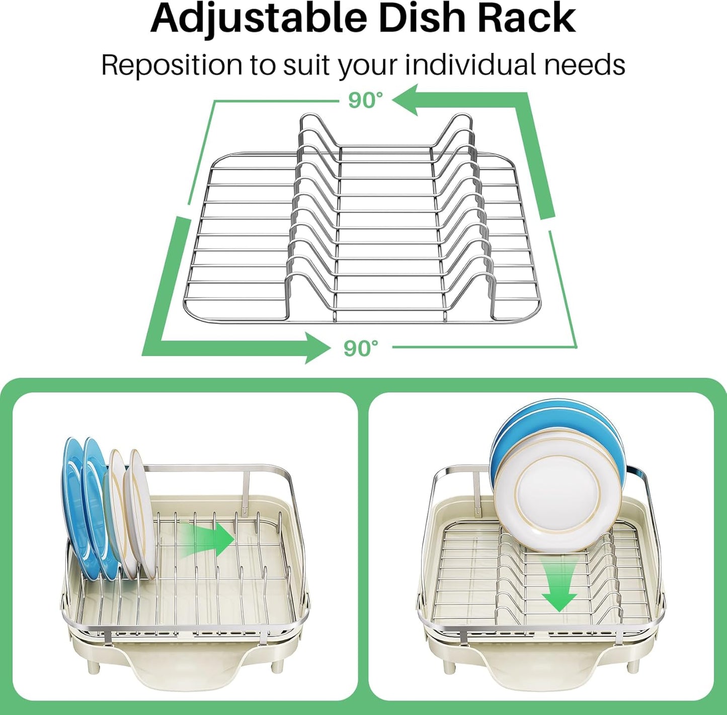 SNTD Dish Drying Rack, Expandable Dish Rack for Kitchen Counter, Stainless Steel Dish Drainer with Drainboard Set and Utensil Holder (Black)