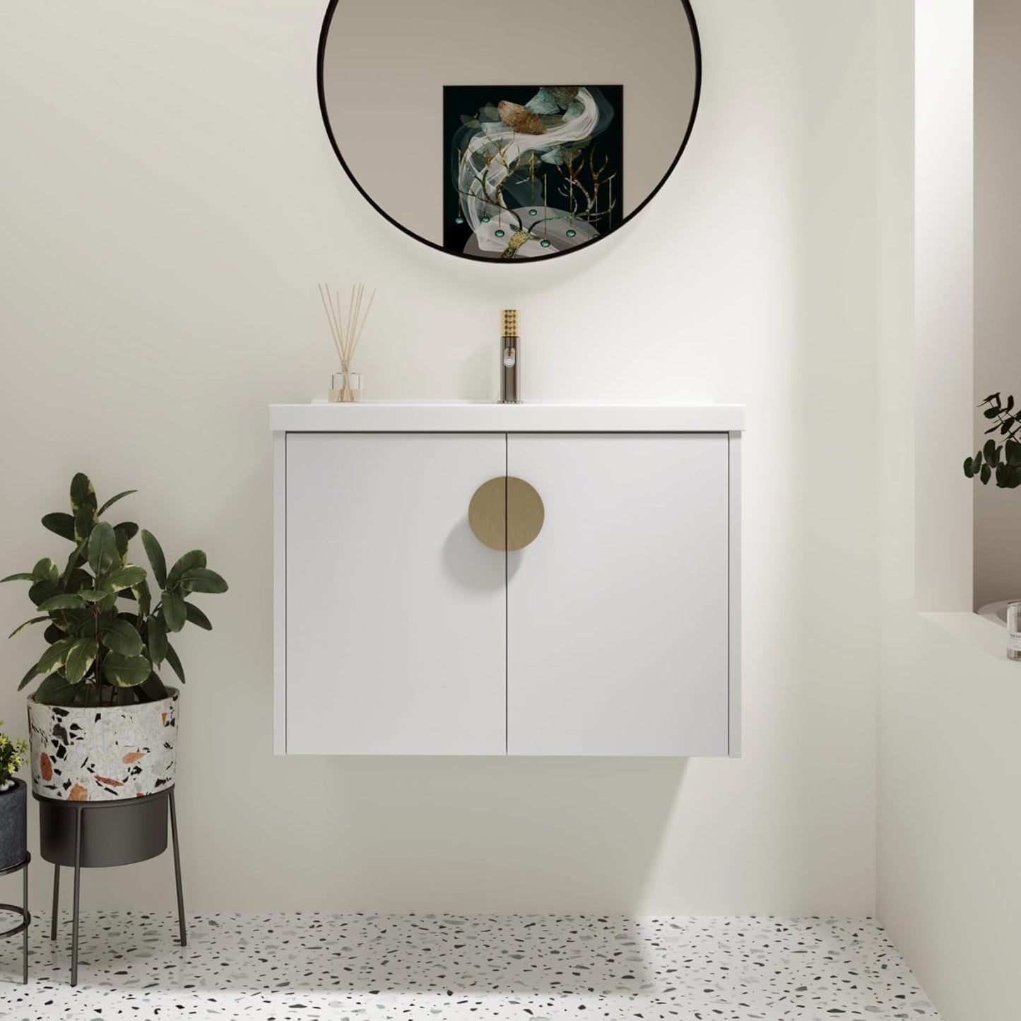 SSLine Modern 24-Inch Bathroom Vanity with Sink Wall Mounted Bathroom Vanity with Top Basin & Storage Cabinet White Wood Floating Vanity w/Ceramic Sink & Gold/Black Handles for Small Space