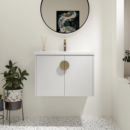 SSLine Modern 24-Inch Bathroom Vanity with Sink Wall Mounted Bathroom Vanity with Top Basin & Storage Cabinet White Wood Floating Vanity w/Ceramic Sink & Gold/Black Handles for Small Space