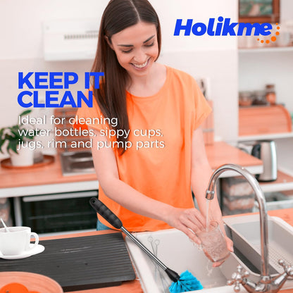 Holikme Bottle Brush Cleaner Set, 14" Long Handle Stainless Steel Bottle Cleaner Brush, 3 Straw Cleaner Brush, Bottle Cleaning Brush for Water Bottle, Cups, Abrasive Wheel Brushes, Straws Black