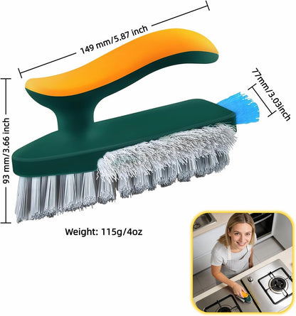 Multifunctional Tile Grout Cleaning Brush with V-Shaped Bristles, 180° Rotating Head, Rubber Wiper Strip, Green and Yellow