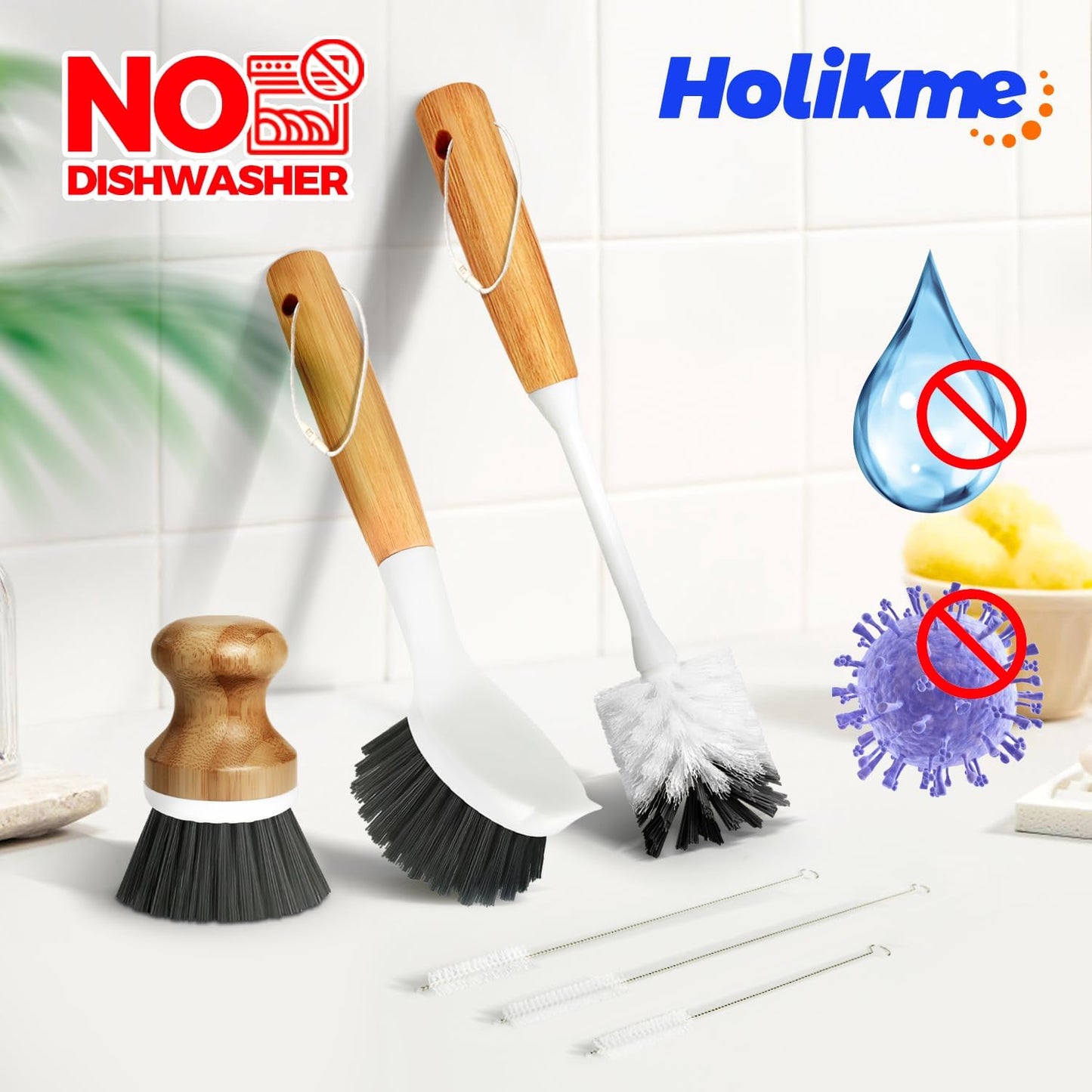 Holikme 6 Pack Dish Brush Scouring Pad Set with Bottle Brush, Dish Brush, Palm Scrub Brush and Straw Brush, Dish Scrubber Long Handle for Dish Bottle Cup Skillet Wok Pot Pan Cast Iron, Yellow