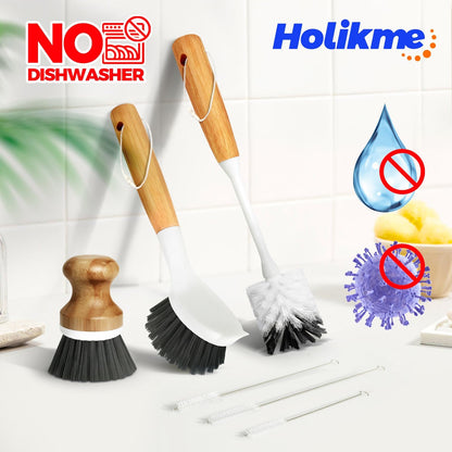 Holikme 6 Pack Dish Brush Scouring Pad Set with Bottle Brush, Dish Brush, Palm Scrub Brush and Straw Brush, Dish Scrubber Long Handle for Dish Bottle Cup Skillet Wok Pot Pan Cast Iron, Yellow