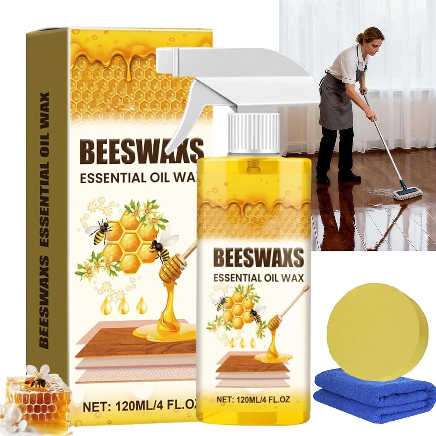 Beeswax Wood Polish Spray, Beeswax Essential Oil Wax, Bees Wax Furniture Polish and Cleaner, Furniture Beeswaxs Cleaner Spray for Wood Furniture,Floor,Tables,Cabinets (2PCS)