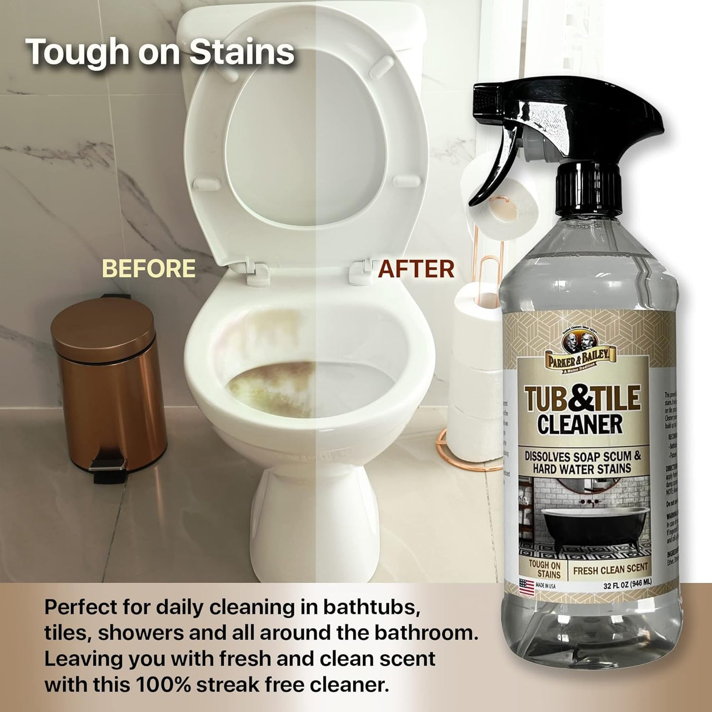 PARKER & BAILEY Tub & Tile Cleaner - Bathroom Cleaner Shower Cleaner Spray Tub Cleaner Soap Scum Remover for Shower Hard Water Stain Remover Household Cleaning Spray Multi Purpose Spray Cleaner, 32 Oz