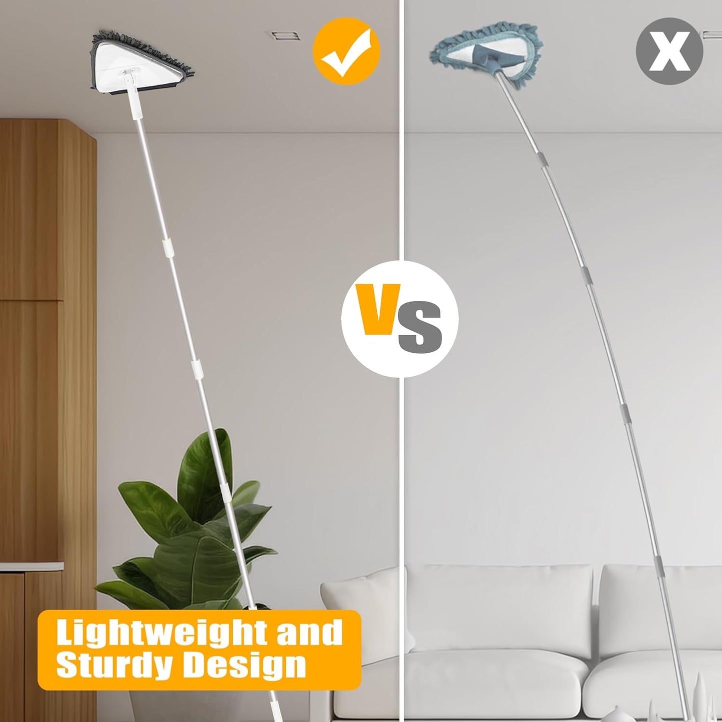 JEHONN Wall Mop with Long Handle 80 inches, Upgraded 180° Collapsible Baseboard Cleaner Tool with Squeegee, Ceiling Duster with 1 Microfiber and 1 Chenille Pad for Cleaning Window, Cabinet (White)