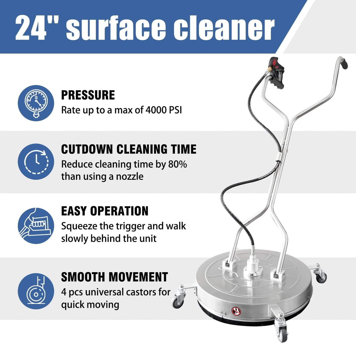 janz 14" Pressure Washer Surface Cleaner with 4 Wheels, Stainless Steel Housing, 1/4" Quick Plug, 2 Extension Wands, 2 Replacement Nozzles and 3 Spray Nozzles, 4000 PSI