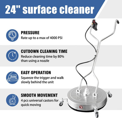 janz 14" Pressure Washer Surface Cleaner with 4 Wheels, Stainless Steel Housing, 1/4" Quick Plug, 2 Extension Wands, 2 Replacement Nozzles and 3 Spray Nozzles, 4000 PSI