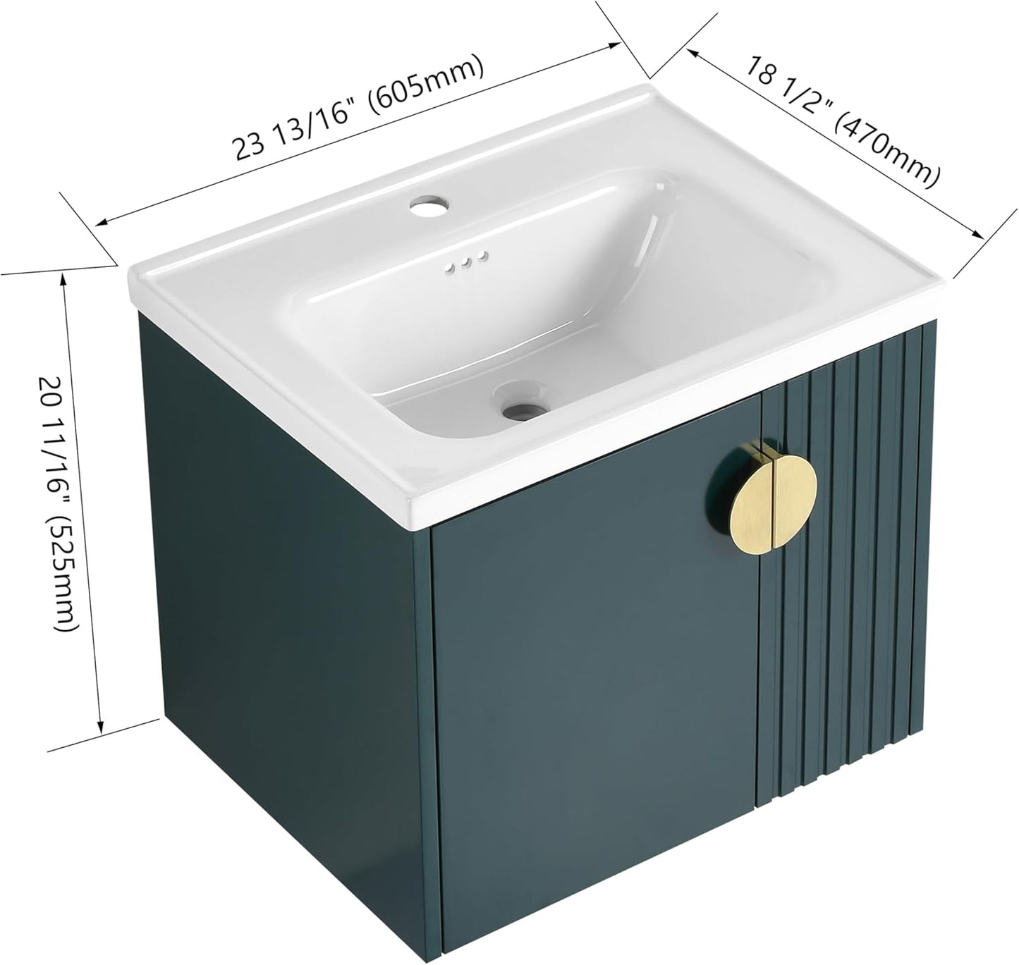 SSLine Modern 24-Inch Bathroom Vanity with Sink Wall Mounted Bathroom Vanity with Top Basin & Storage Cabinet White Wood Floating Vanity w/Ceramic Sink & Gold/Black Handles for Small Space
