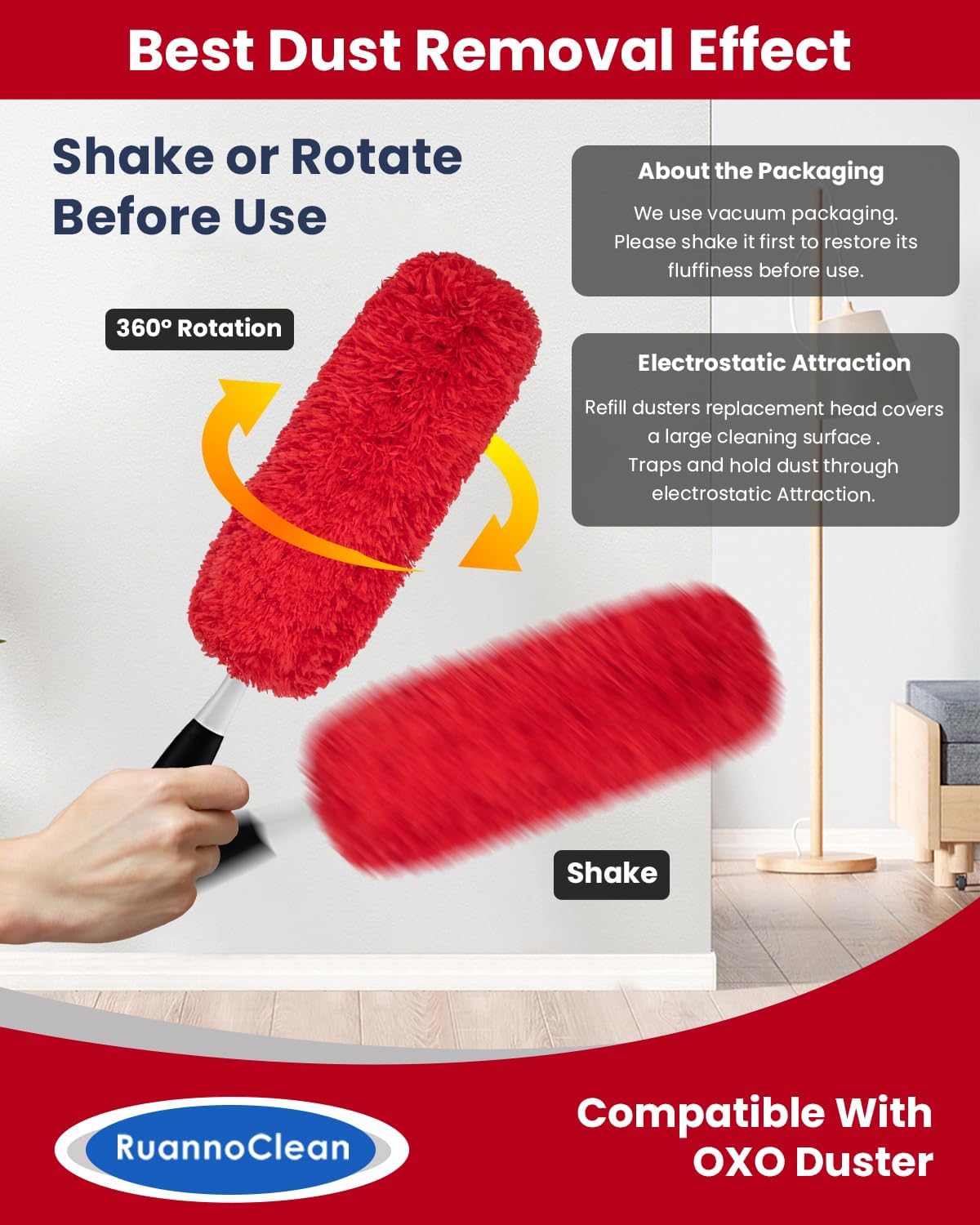 Microfiber Duster Refills Compatible with OXO Good Grips Hand Duster, Reusable Dusters Refill Washable Head Replacement for OXO Extendable Dusters for Cleaning -4 Pack, Red