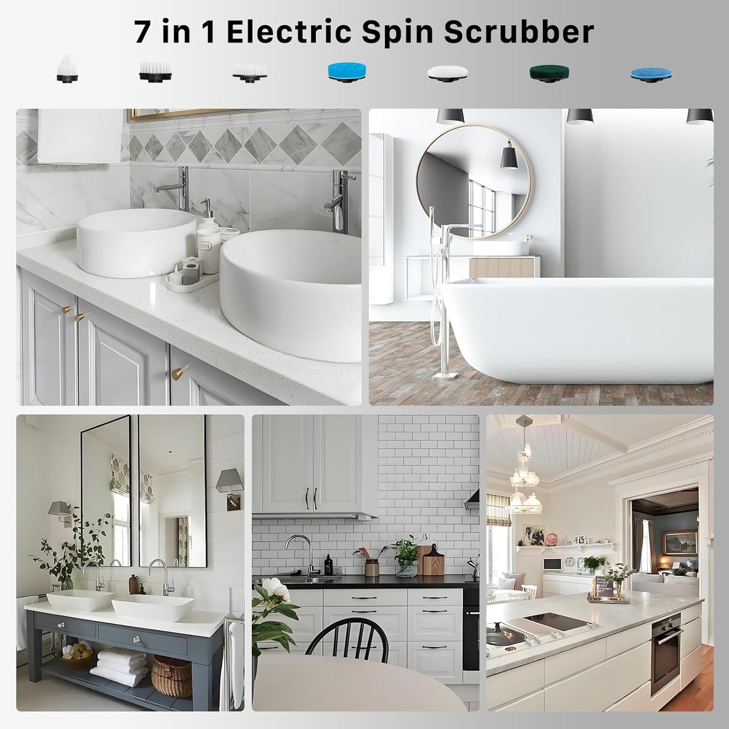 Electric Spin Scrubber, Hillyfe Bathroom Scrubber Electric with 7 Replaceable Brush Heads, IPX7 Waterproof,300/400 RPM, 3 Adjustable Length,Scrubber Brush Electric for Bathtub Floor,White