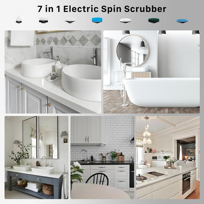 Electric Spin Scrubber, Hillyfe Bathroom Scrubber Electric with 7 Replaceable Brush Heads, IPX7 Waterproof,300/400 RPM, 3 Adjustable Length,Scrubber Brush Electric for Bathtub Floor,White