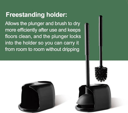 Eyliden Toilet Plunger and Brush Set | 2-in-1 Bathroom Cleaning Tools with Holder | Unclogs Toilets, Deep Cleans Bowls | Compact Caddy Stand | Nylon Bristles, Durable Plastic, Black