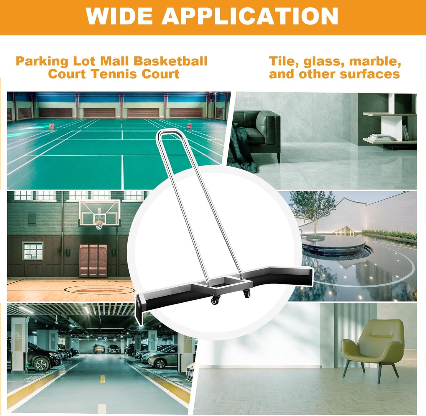 4.5FT Sport Tennis Court Squeegee Floor Squeegee Heavy Duty Commercial Squeegee for Floors with 2PCs EVA Foam Blade- Stainless Steel Silver