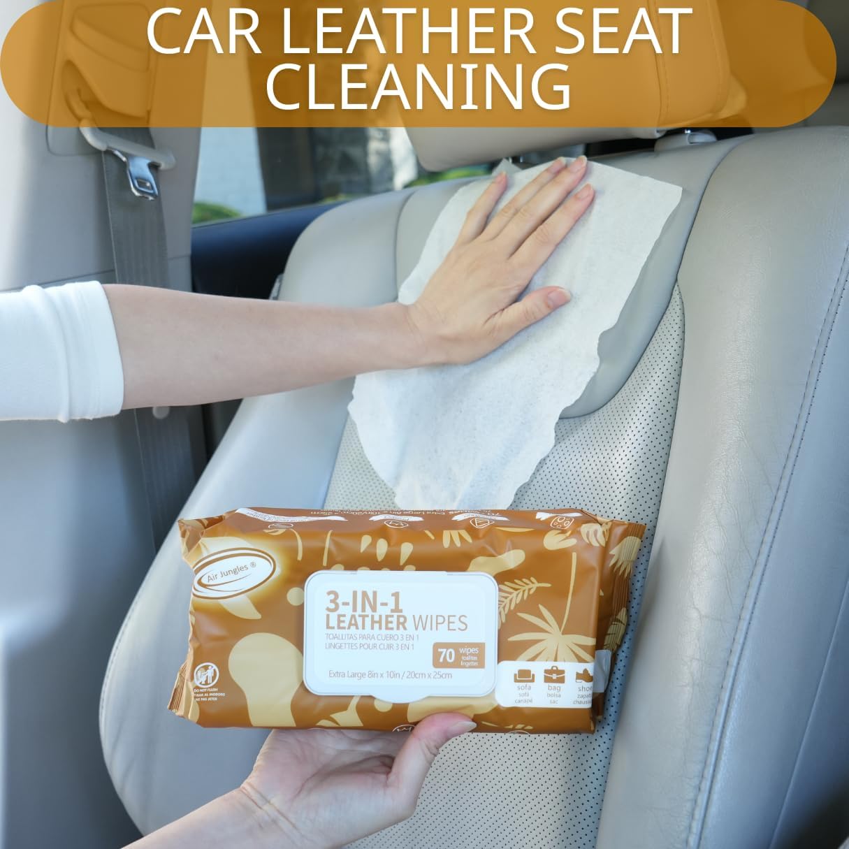 Air Jungles 3in1 Leather Cleaner Wipes 70 Count (Pack of 3), Extra Large 8" x 10" Size, Clean Condition Protect Wipes for Vinyl and Leather Apparel Furniture Auto Car Interior Shoes Boots Bags